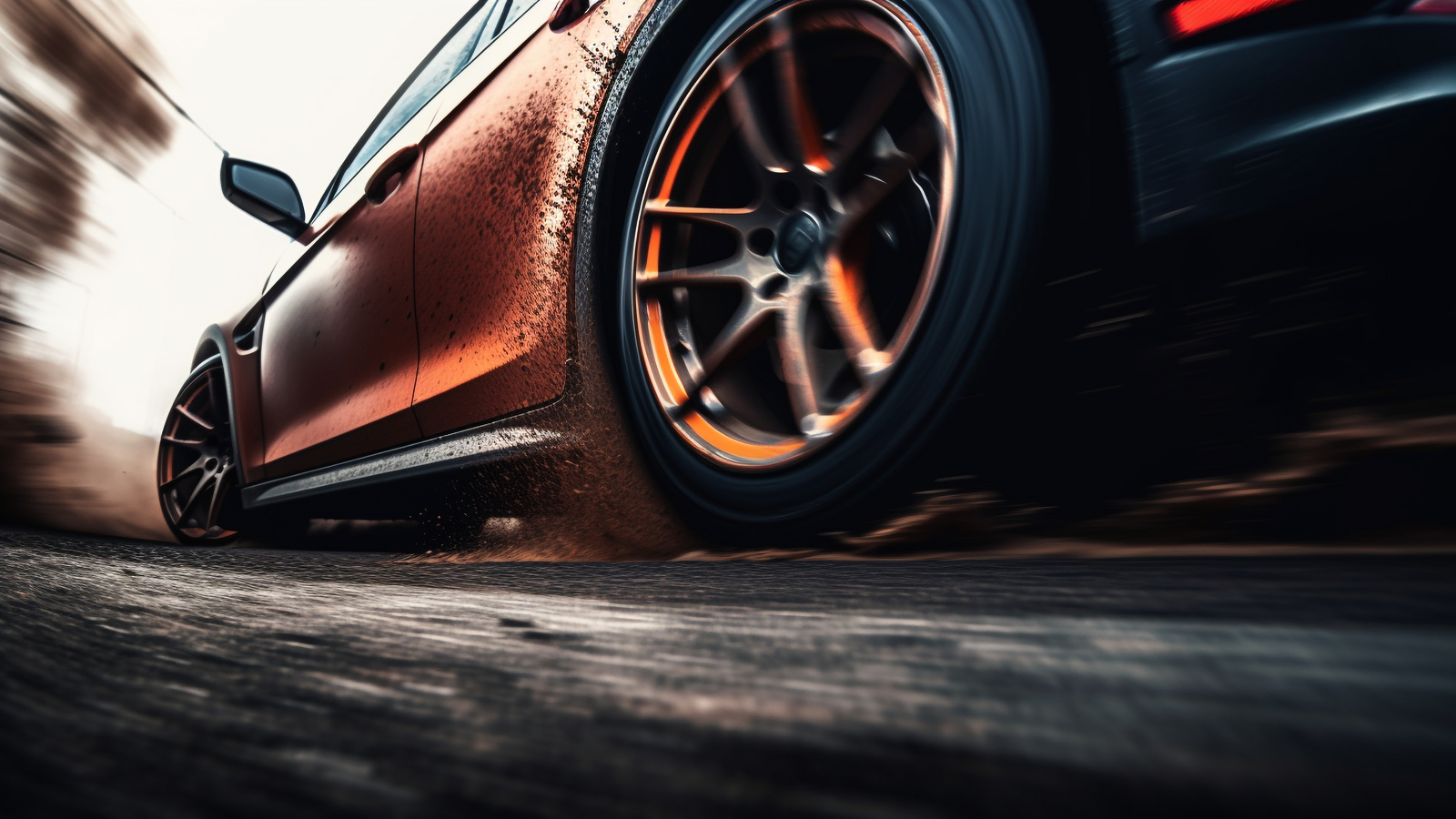 Pneu perfil baixo em carro esportivo laranja